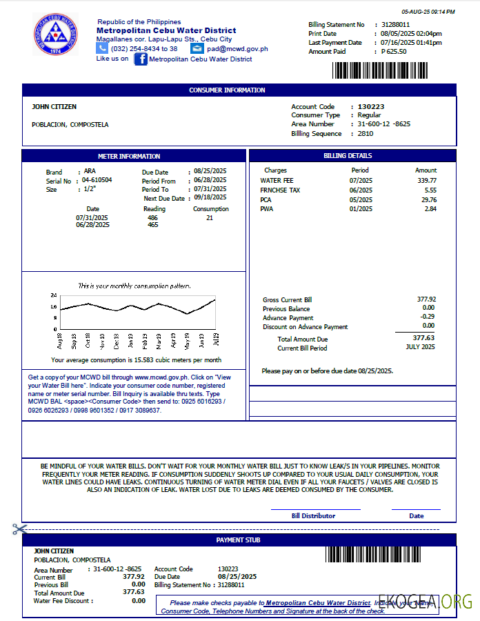 Philippines Metropolitan cebu water district utility bill template in word and pdf formats template